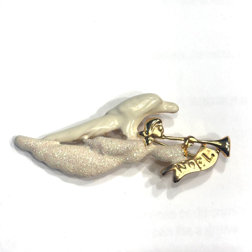 Vintage Angel Blowing Trumpet Noel Brooch Pin Gold‎ Glittery Religious Christmas
